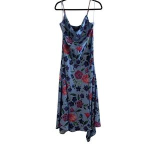 CAARA Satin Floral Slip Midi Dress Light Blue Pink Roses XL